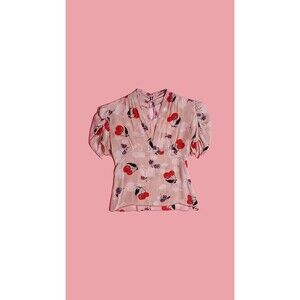 ANNA SUI Pink Silk CHERRY Fruit Print Short Sleeve1940s Style Blouse XS-S. AS IS